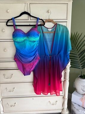 Bleu Rod Beattie Ombre Rainbow One-Piece Swimsuit with Matching Sheer Cover-Up